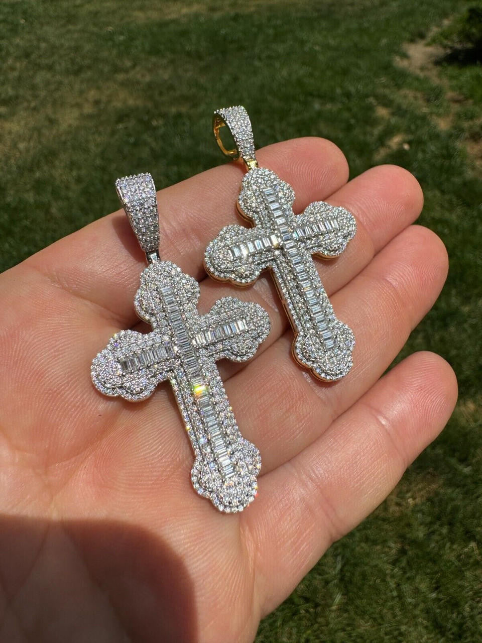 Hip Hop Moissanite Iced Gothic Baguette Cross Pendant - Iced 925 Silver / Gold Necklace