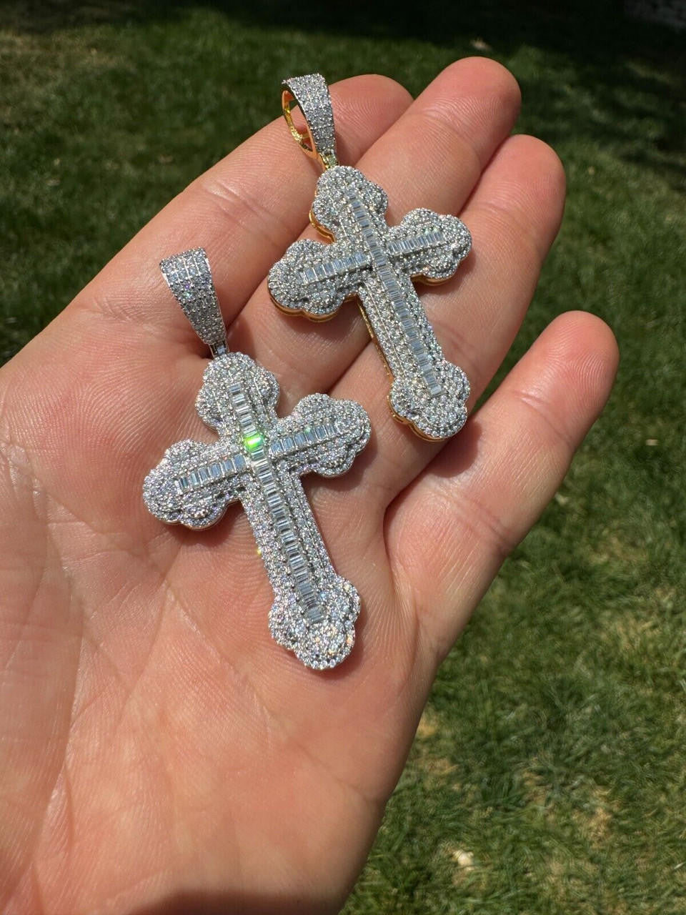 Hip Hop Moissanite Iced Gothic Baguette Cross Pendant - Iced 925 Silver / Gold Necklace