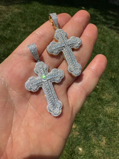 Hip Hop Moissanite Iced Gothic Baguette Cross Pendant - Iced 925 Silver / Gold Necklace