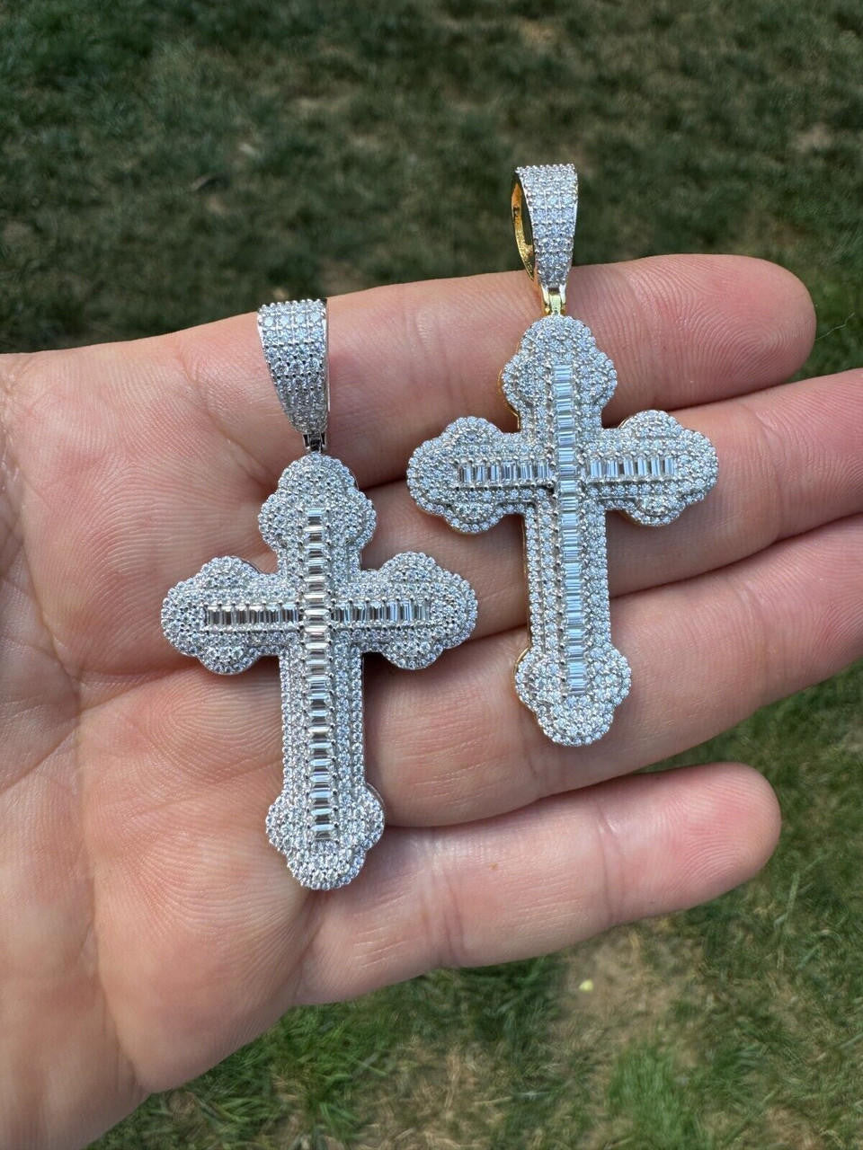 Hip Hop Moissanite Iced Gothic Baguette Cross Pendant - Iced 925 Silver / Gold Necklace