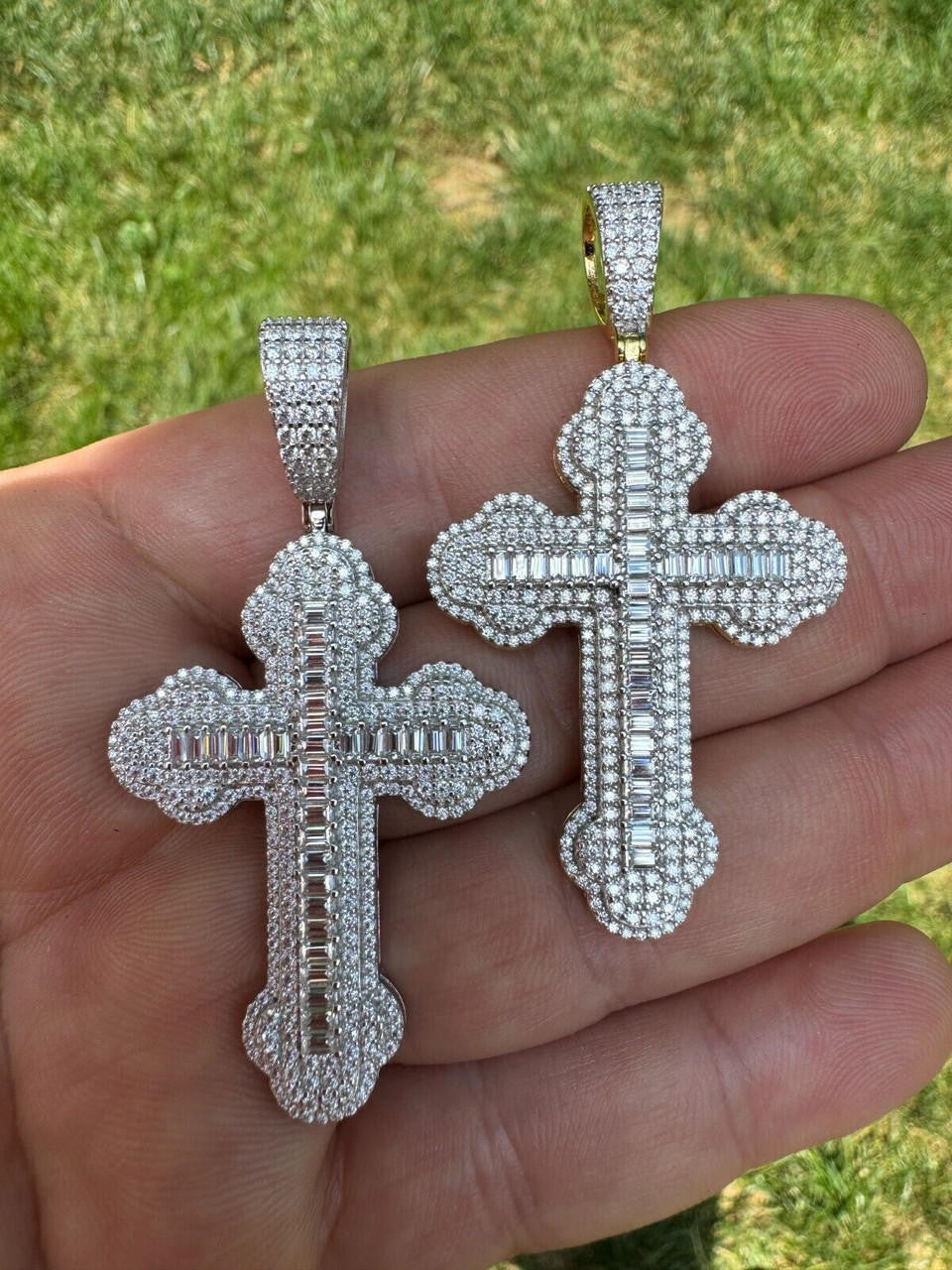 Hip Hop Moissanite Iced Gothic Baguette Cross Pendant - Iced 925 Silver / Gold Necklace