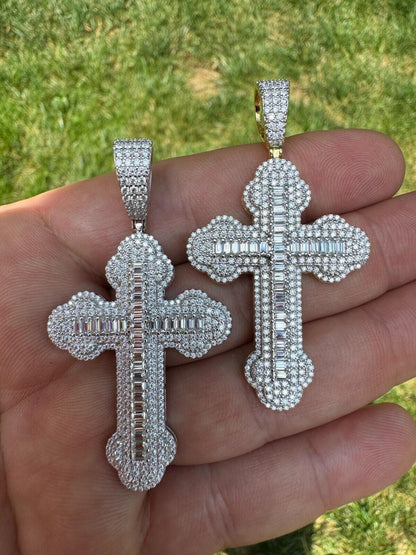 Hip Hop Moissanite Iced Gothic Baguette Cross Pendant - Iced 925 Silver / Gold Necklace