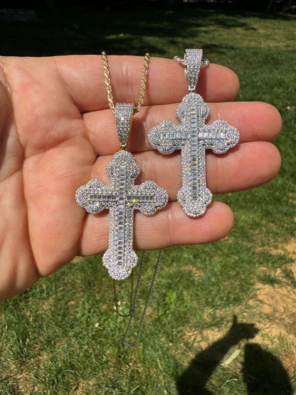 Hip Hop Moissanite Iced Gothic Baguette Cross Pendant - Iced 925 Silver / Gold Necklace