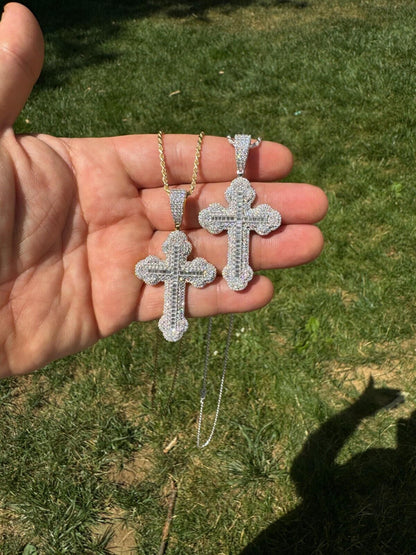 Hip Hop Moissanite Iced Gothic Baguette Cross Pendant - Iced 925 Silver / Gold Necklace
