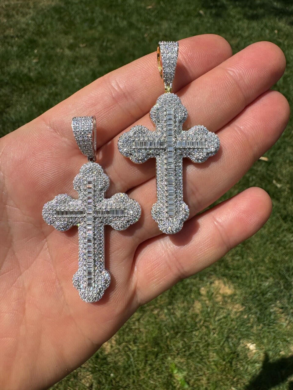 Hip Hop Moissanite Iced Gothic Baguette Cross Pendant - Iced 925 Silver / Gold Necklace