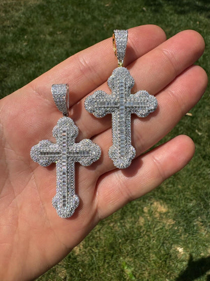 Hip Hop Moissanite Iced Gothic Baguette Cross Pendant - Iced 925 Silver / Gold Necklace