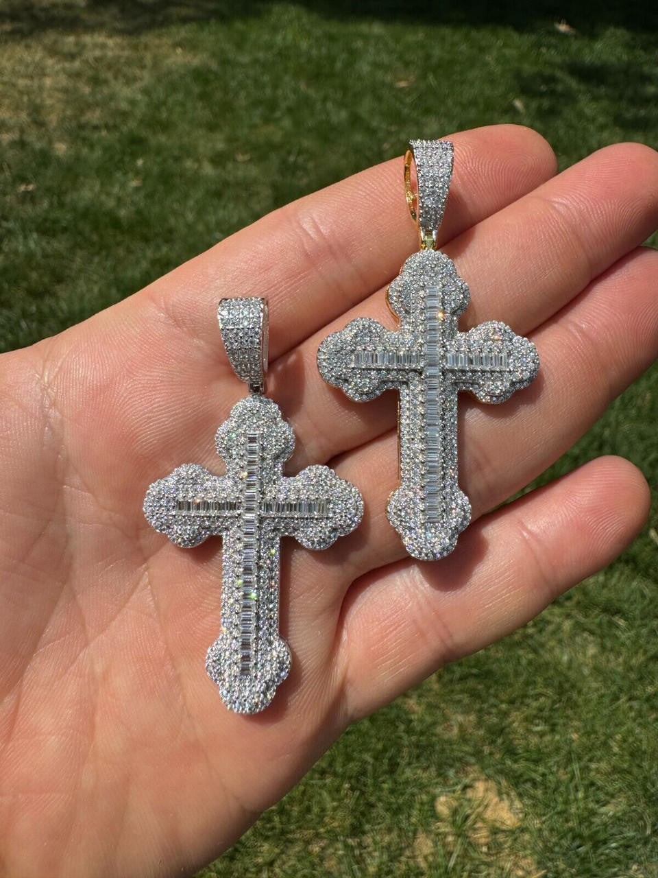 Hip Hop Moissanite Iced Gothic Baguette Cross Pendant - Iced 925 Silver / Gold Necklace