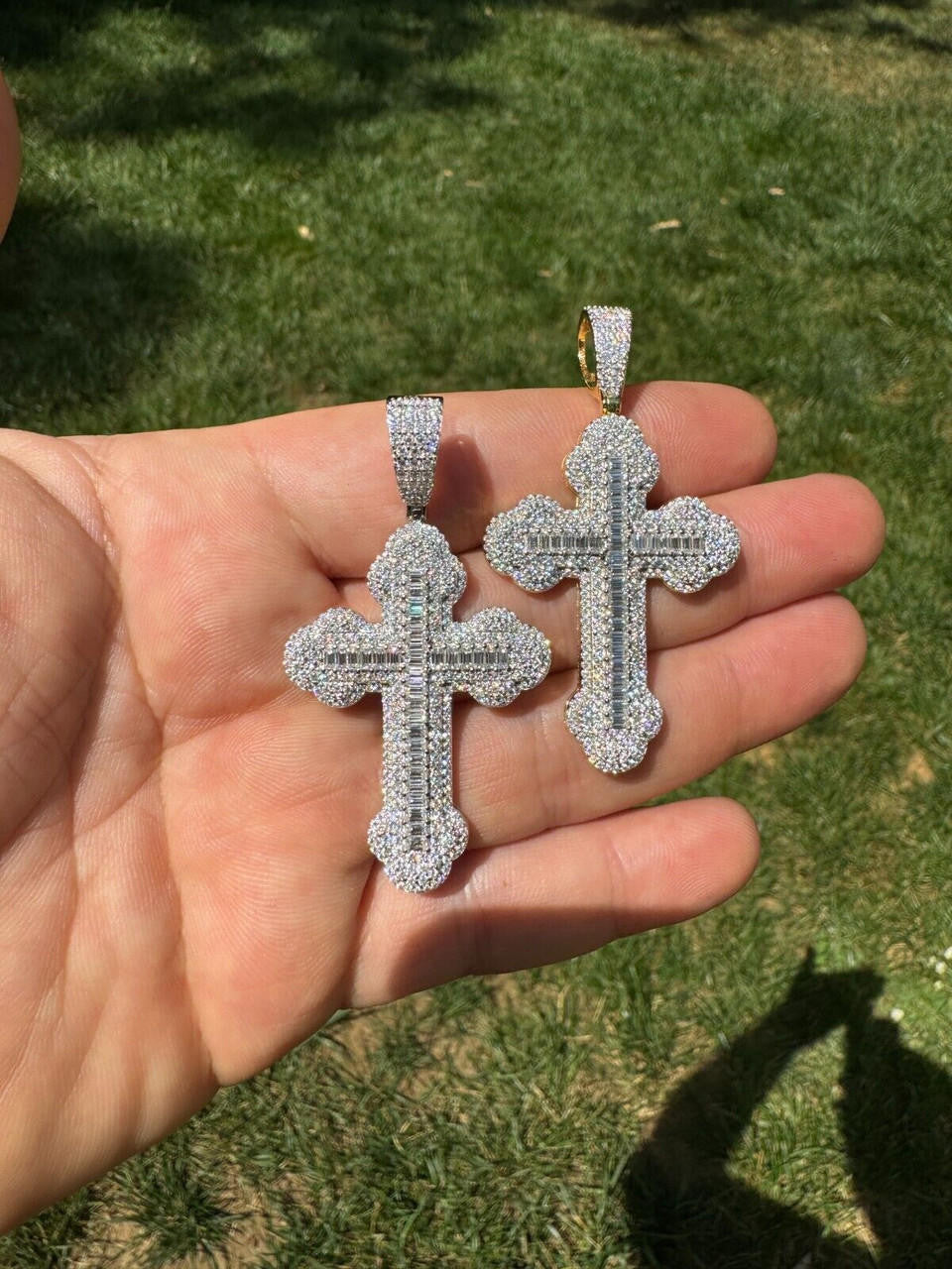 Hip Hop Moissanite Iced Gothic Baguette Cross Pendant - Iced 925 Silver / Gold Necklace