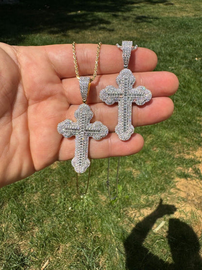 Hip Hop Moissanite Iced Gothic Baguette Cross Pendant - Iced 925 Silver / Gold Necklace
