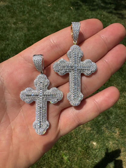 Hip Hop Moissanite Iced Gothic Baguette Cross Pendant - Iced 925 Silver / Gold Necklace