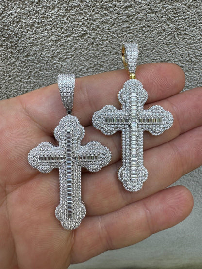 Hip Hop Moissanite Iced Gothic Baguette Cross Pendant - Iced 925 Silver / Gold Necklace