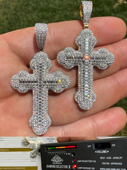 Hip Hop Moissanite Iced Gothic Baguette Cross Pendant - Iced 925 Silver / Gold Necklace