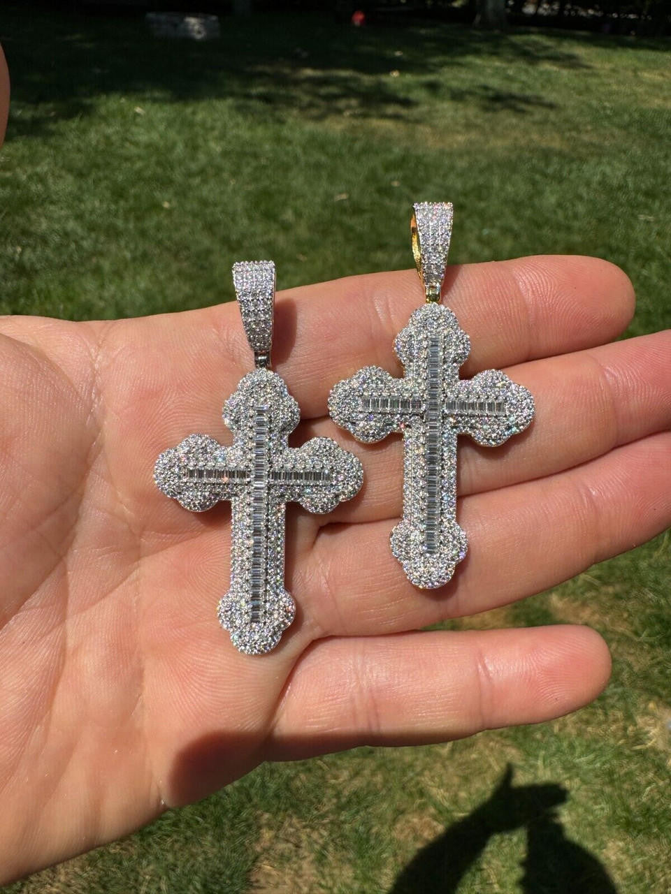 Hip Hop Moissanite Iced Gothic Baguette Cross Pendant - Iced 925 Silver / Gold Necklace