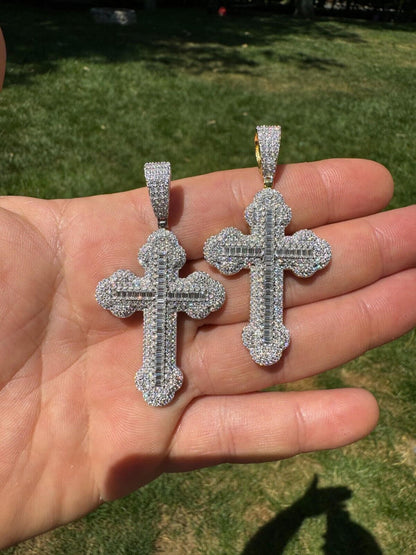 Hip Hop Moissanite Iced Gothic Baguette Cross Pendant - Iced 925 Silver / Gold Necklace