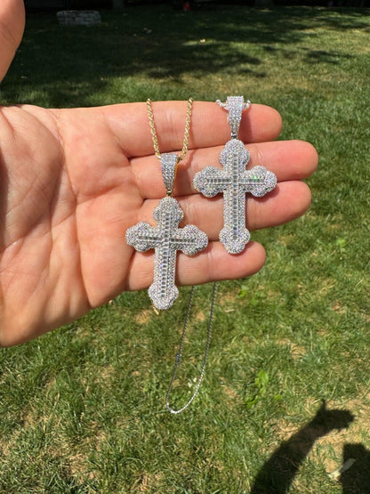 Hip Hop Moissanite Iced Gothic Baguette Cross Pendant - Iced 925 Silver / Gold Necklace