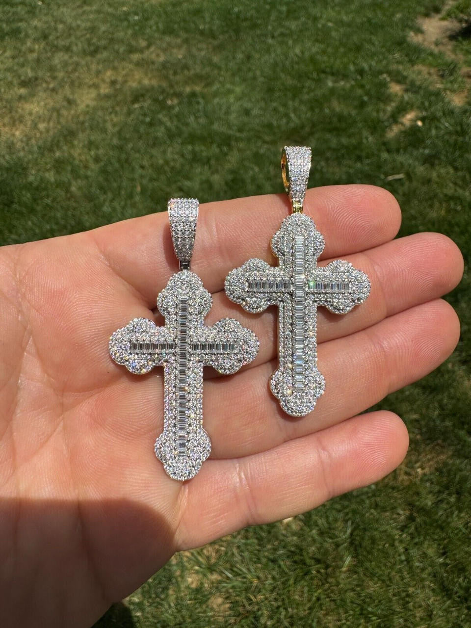 Hip Hop Moissanite Iced Gothic Baguette Cross Pendant - Iced 925 Silver / Gold Necklace