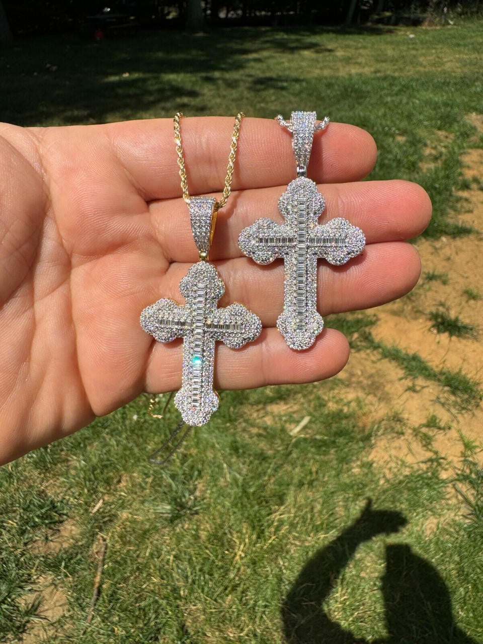 Hip Hop Moissanite Iced Gothic Baguette Cross Pendant - Iced 925 Silver / Gold Necklace