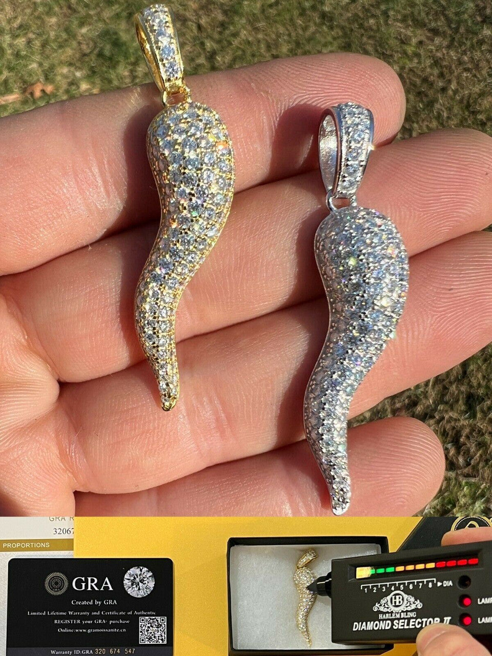 Hip Hop MOISSANITE Iced Hip Hop Cornicello Italian Horn Pepper Pendant Pass Diamond Test