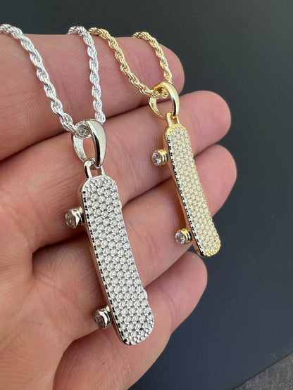 Hip Hop MOISSANITE Iced Silver Skateboard Pendant Hi Hop Gold Necklace Pass Diamond Test