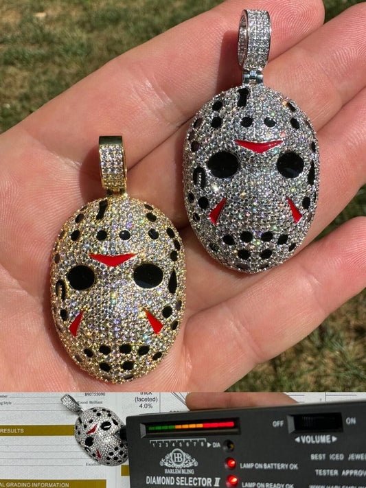 Hip Hop MOISSANITE Jason Mask Friday The 13th Pendant - 14k Yellow Gold Vermeil Or 925 Silver - Medium 2"