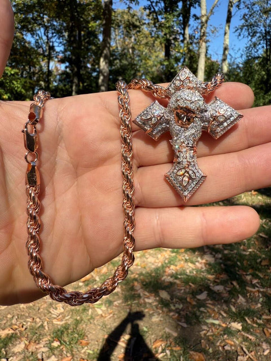 Hip Hop MOISSANITE Jesus Face Lil Uzi Cross Pendant - 14k Yellow/Rose Gold Vermeil Or 925 Silver - Large 2.25"