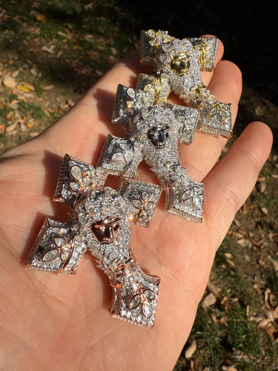 MOISSANITE 3D Cross Jesus Face Pendant Iced Necklace Real 925
