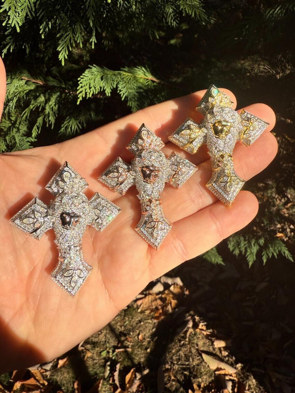 MOISSANITE 3D Cross Jesus Face Pendant Iced Necklace Real 925
