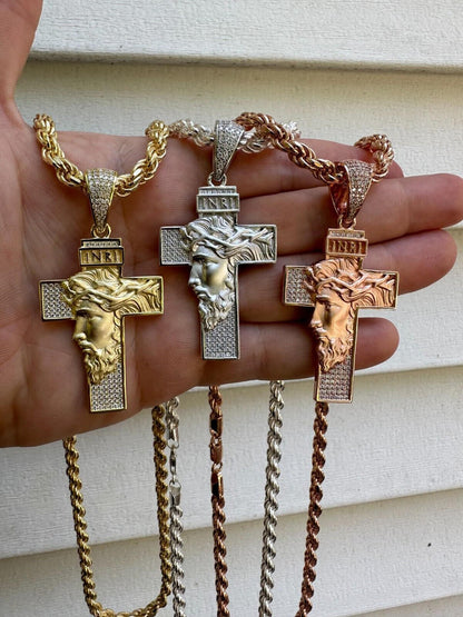Hip Hop MOISSANITE Jesus Face On Cross Pendant Iced Necklace Real 925 Silver / 14k Gold