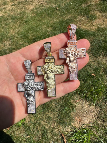 Hip Hop MOISSANITE Jesus Face On Cross Pendant Iced Necklace Real 925 Silver / 14k Gold