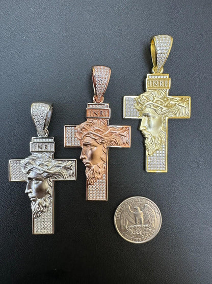 Hip Hop MOISSANITE Jesus Face On Cross Pendant Iced Necklace Real 925 Silver / 14k Gold