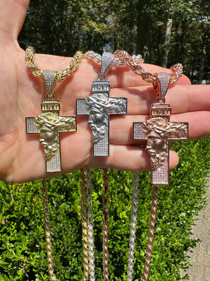 Hip Hop MOISSANITE Jesus Face On Cross Pendant Iced Necklace Real 925 Silver / 14k Gold