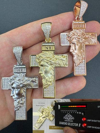 Hip Hop MOISSANITE Jesus Face On Cross Pendant Iced Necklace Real 925 Silver / 14k Gold