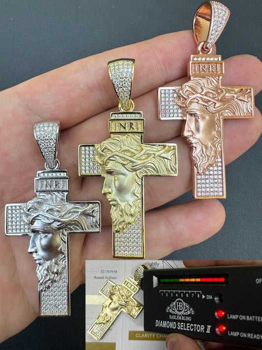 Hip Hop MOISSANITE Jesus Face On Cross Pendant Iced Necklace Real 925 Silver / 14k Gold