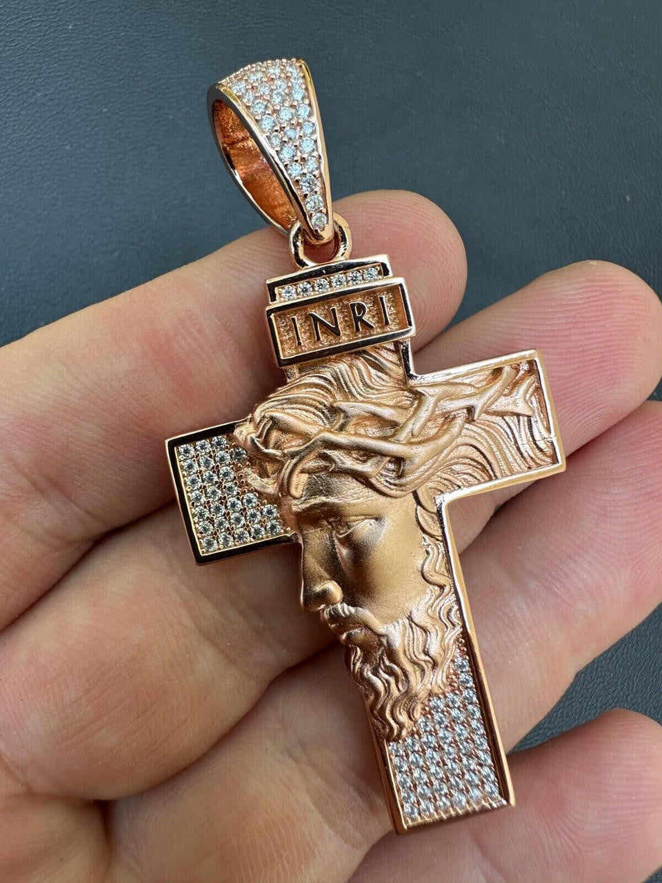 Hip Hop MOISSANITE Jesus Face On Cross Pendant Iced Necklace Real 925 Silver / 14k Gold