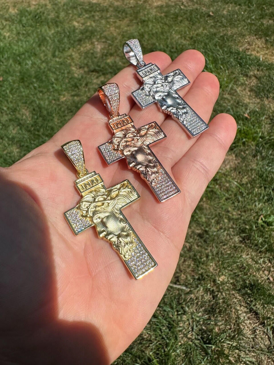 Hip Hop MOISSANITE Jesus Face On Cross Pendant Iced Necklace Real 925 Silver / 14k Gold