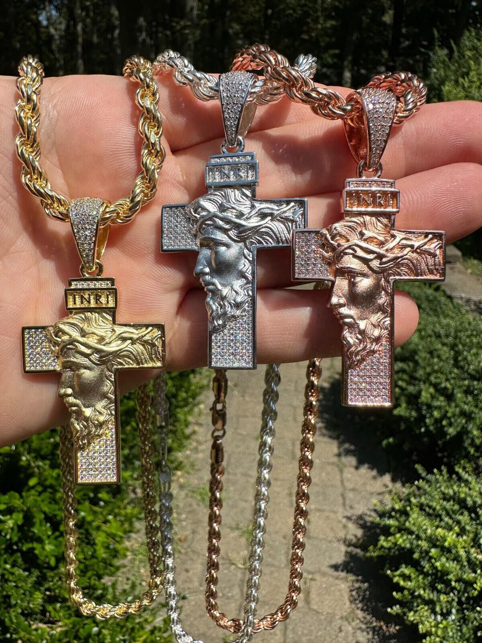 Hip Hop MOISSANITE Jesus Face On Cross Pendant Iced Necklace Real 925 Silver / 14k Gold
