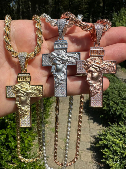 Hip Hop MOISSANITE Jesus Face On Cross Pendant Iced Necklace Real 925 Silver / 14k Gold