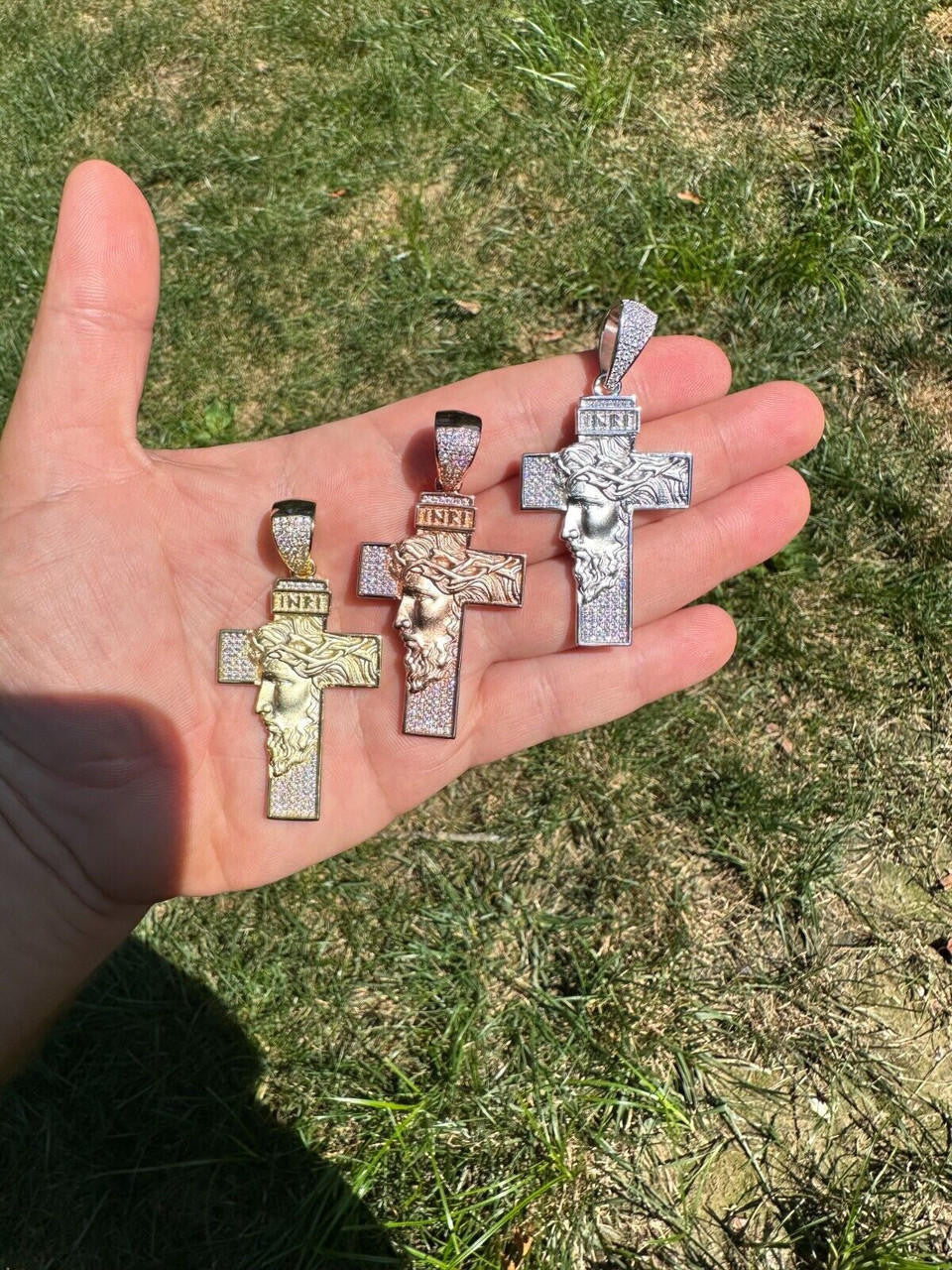 Hip Hop MOISSANITE Jesus Face On Cross Pendant Iced Necklace Real 925 Silver / 14k Gold