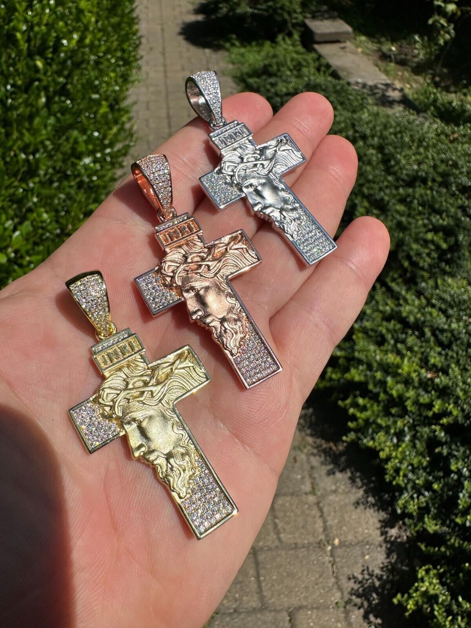 Hip Hop MOISSANITE Jesus Face On Cross Pendant Iced Necklace Real 925 Silver / 14k Gold