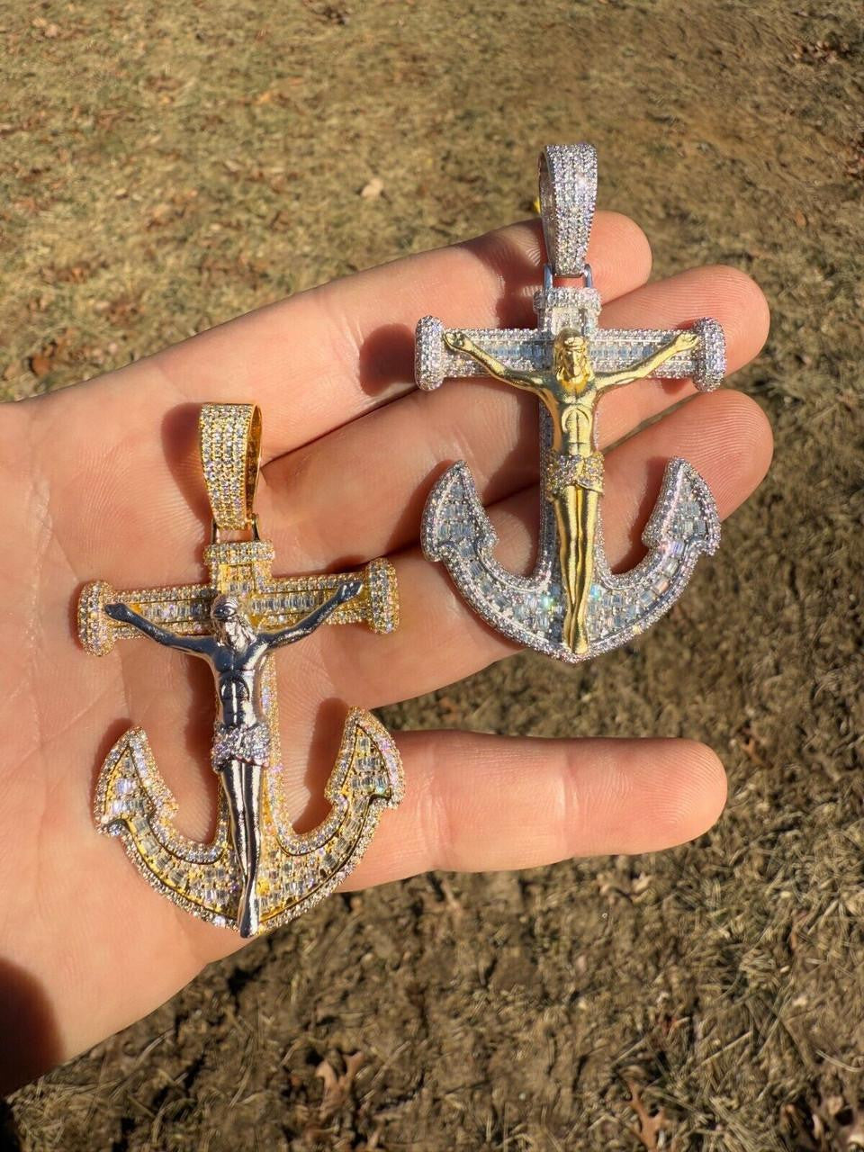 Hip Hop MOISSANITE Jesus On Anchor Cross Pendant - 14k Gold Vermeil or 925 Silver - Large 2.5"