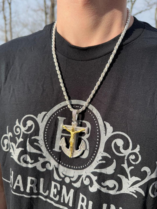 Hip Hop MOISSANITE Jesus On Anchor Cross Pendant - 14k Gold Vermeil or 925 Silver - Large 2.5"