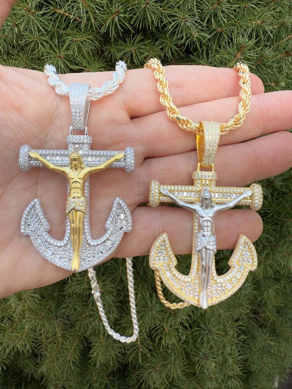 Hip Hop MOISSANITE Jesus On Anchor Cross Pendant - 14k Gold Vermeil or 925 Silver - Large 2.5"