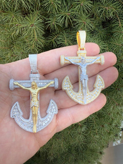 Hip Hop MOISSANITE Jesus On Anchor Cross Pendant - 14k Gold Vermeil or 925 Silver - Large 2.5"