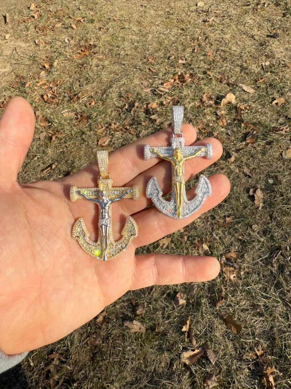 Hip Hop MOISSANITE Jesus On Anchor Cross Pendant - 14k Gold Vermeil or 925 Silver - Large 2.5"