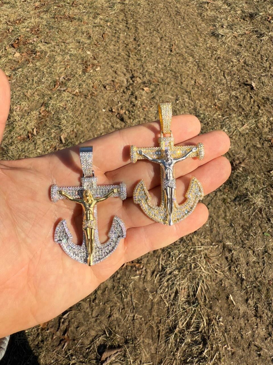 Hip Hop MOISSANITE Jesus On Anchor Cross Pendant - 14k Gold Vermeil or 925 Silver - Large 2.5"