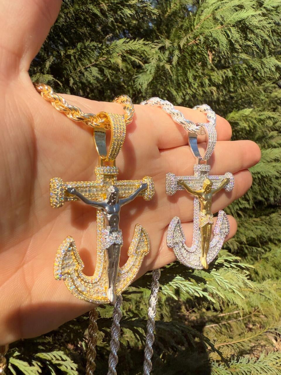 Hip Hop MOISSANITE Jesus On Anchor Cross Pendant - 14k Gold Vermeil or 925 Silver - Large 2.5"