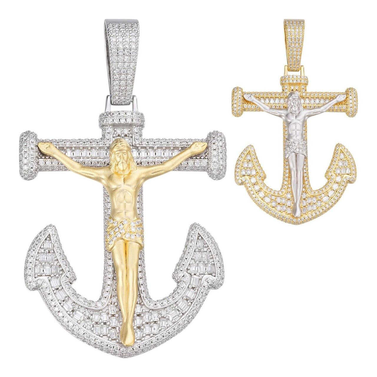 Hip Hop MOISSANITE Jesus On Anchor Cross Pendant - 14k Gold Vermeil or 925 Silver - Large 2.5"