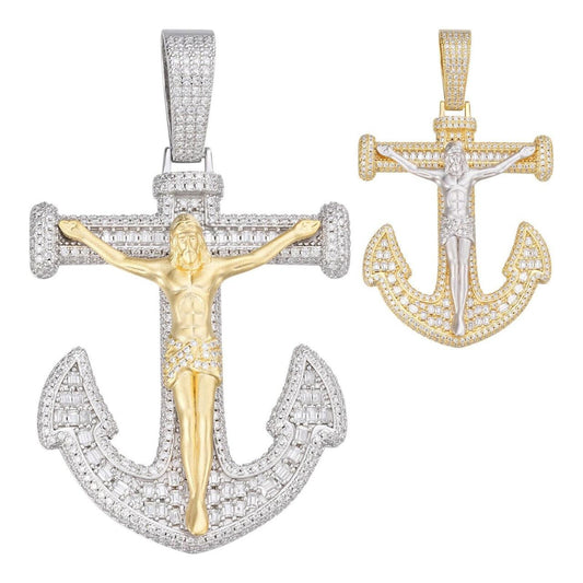 Hip Hop MOISSANITE Jesus On Anchor Cross Pendant - 14k Gold Vermeil or 925 Silver - Large 2.5"