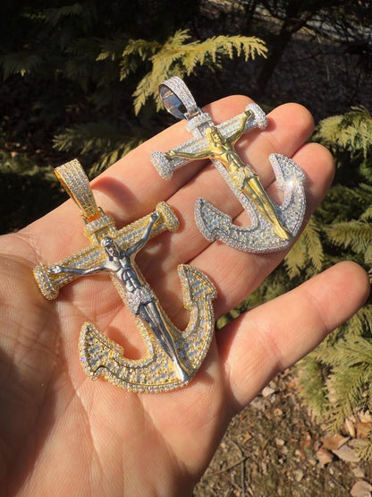 Hip Hop MOISSANITE Jesus On Anchor Cross Pendant - 14k Gold Vermeil or 925 Silver - Large 2.5"