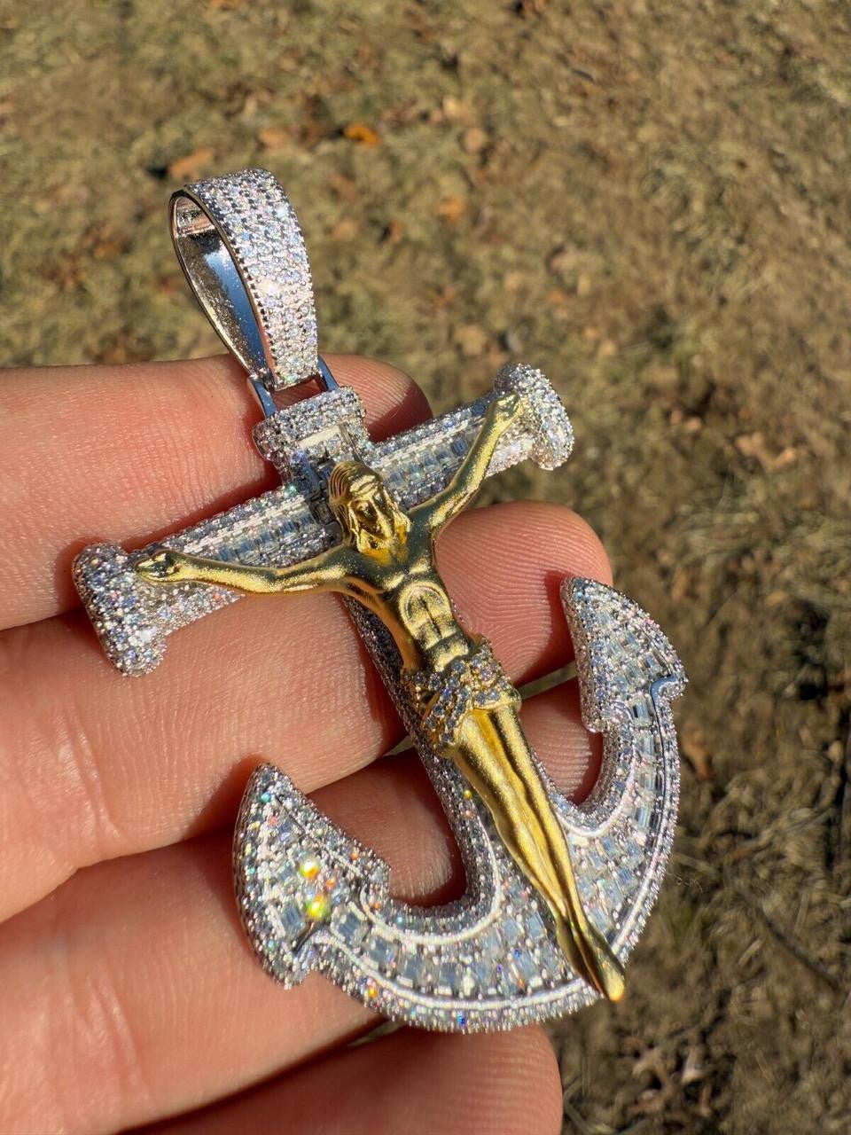 Hip Hop MOISSANITE Jesus On Anchor Cross Pendant - 14k Gold Vermeil or 925 Silver - Large 2.5"